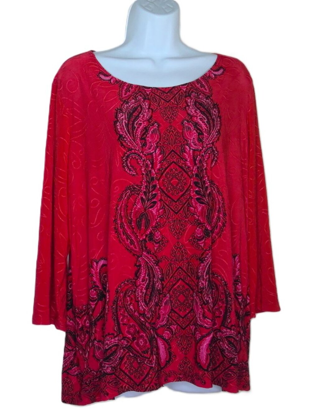 JM Collection Slinky Boho Top Red Pink Black Paisley Stretch 3/4 Sleeve Plus 1X